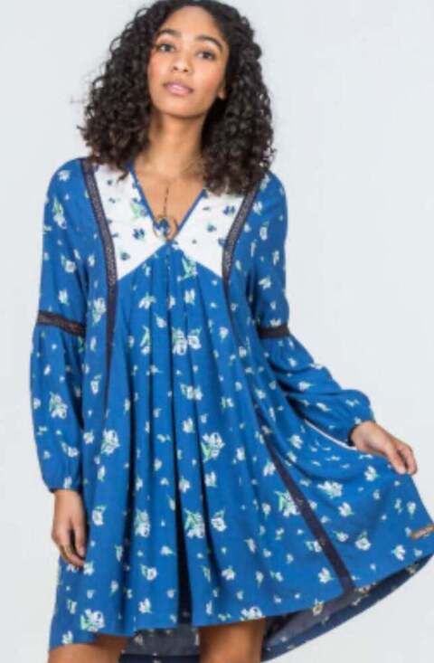 Matilda Jane Dresses & Skirts - Matilda Jane Blue Floral Pleated Long Sleeve Shirt Dress Pockets M Women EUC